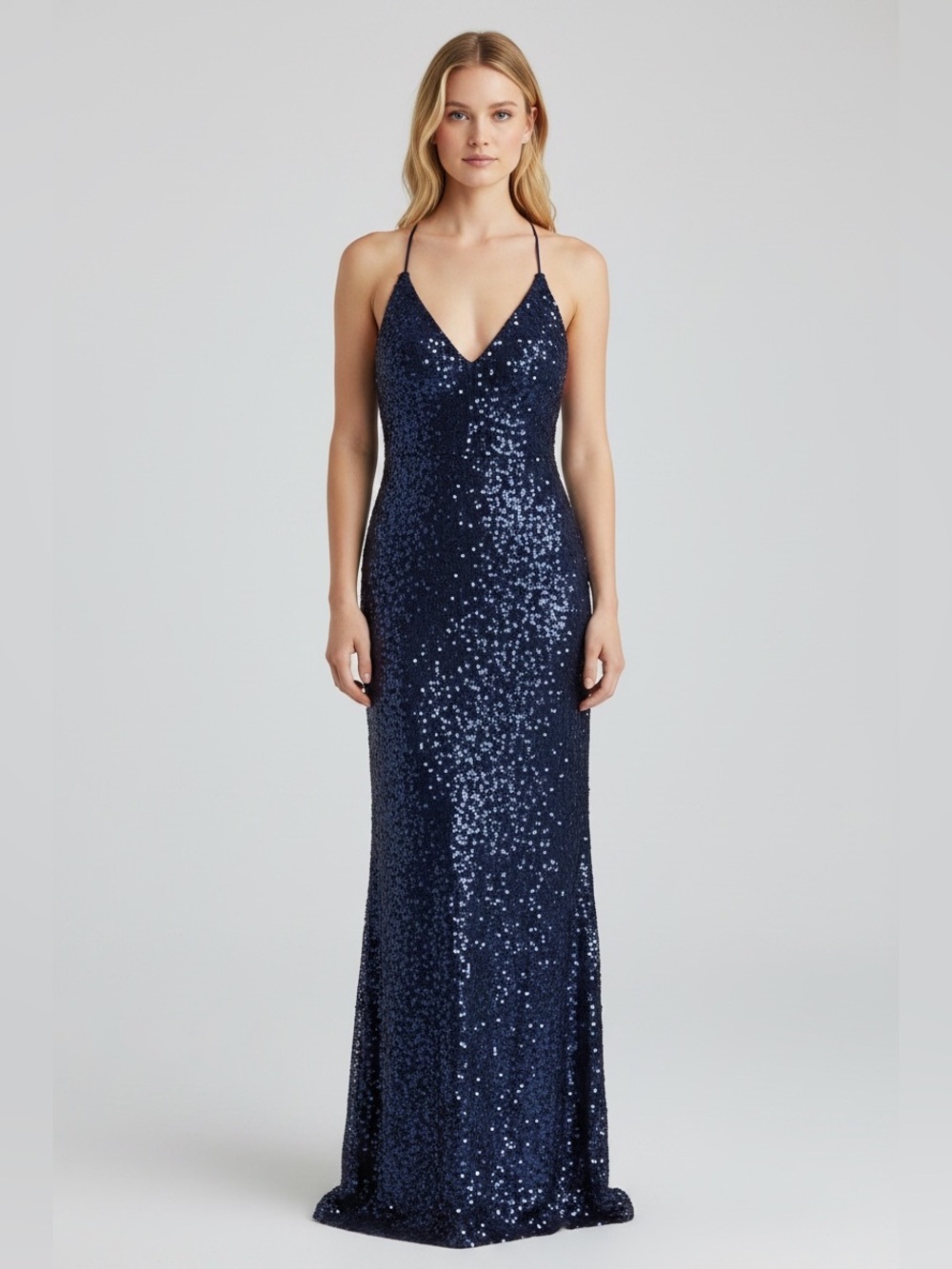Scala Navy Sequined Strapless Evening Gown Size 2